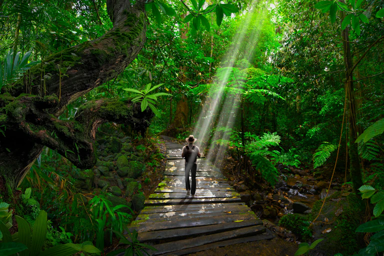 A man walks through a vivid green forest.