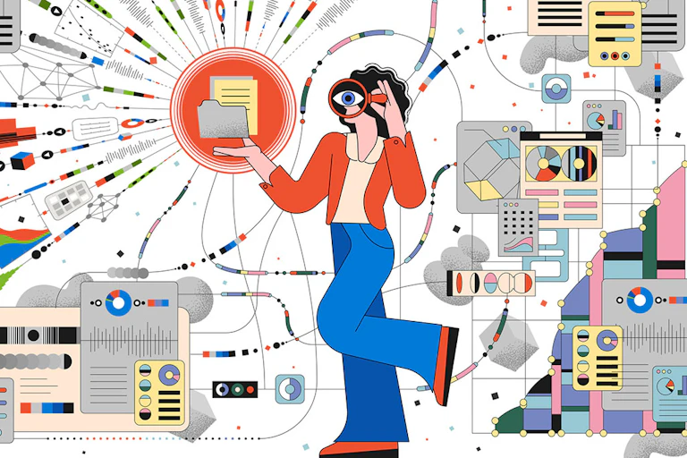 Ilustración que muestra a una mujer mirando unos documentos con lupa