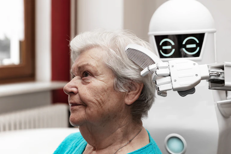 Woman having her hair combed by a robot assistant