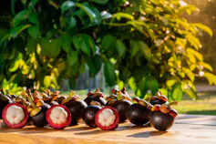 A wooden table with a half peeled circular fruit - it has a dark red thick skin and white segments inside, about the size of a small orange