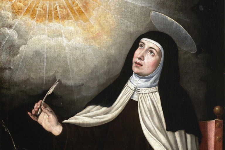Cuadro de Santa Teresa escribiendo e iluminada por el Espíritu Santo en forma de paloma