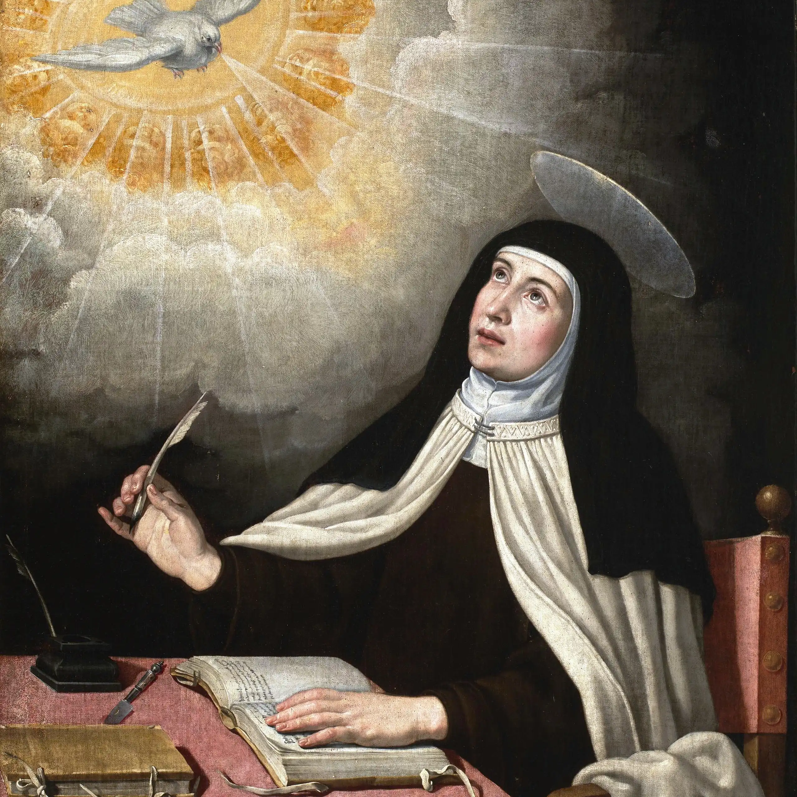 Cuadro de Santa Teresa escribiendo e iluminada por el Espíritu Santo en forma de paloma