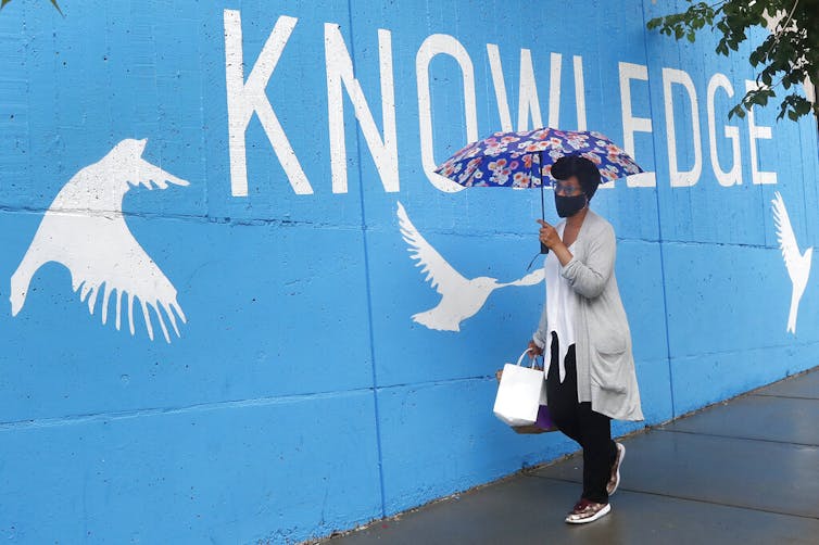 A woman holding an umbrella walks in front of a mural, which says 'Knowledge.'