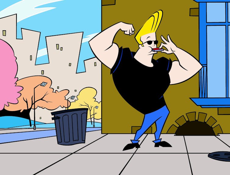 Johnny Bravo flexing his muscles