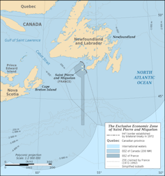 A map shows islands off the coast of Newfoundland and its exclusive economic zone.