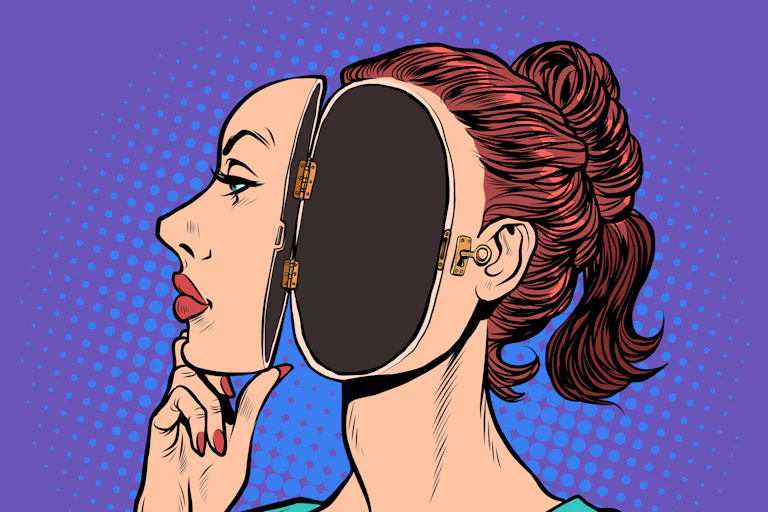 Illustration of a woman opening her face to reveal an emptiness inside.