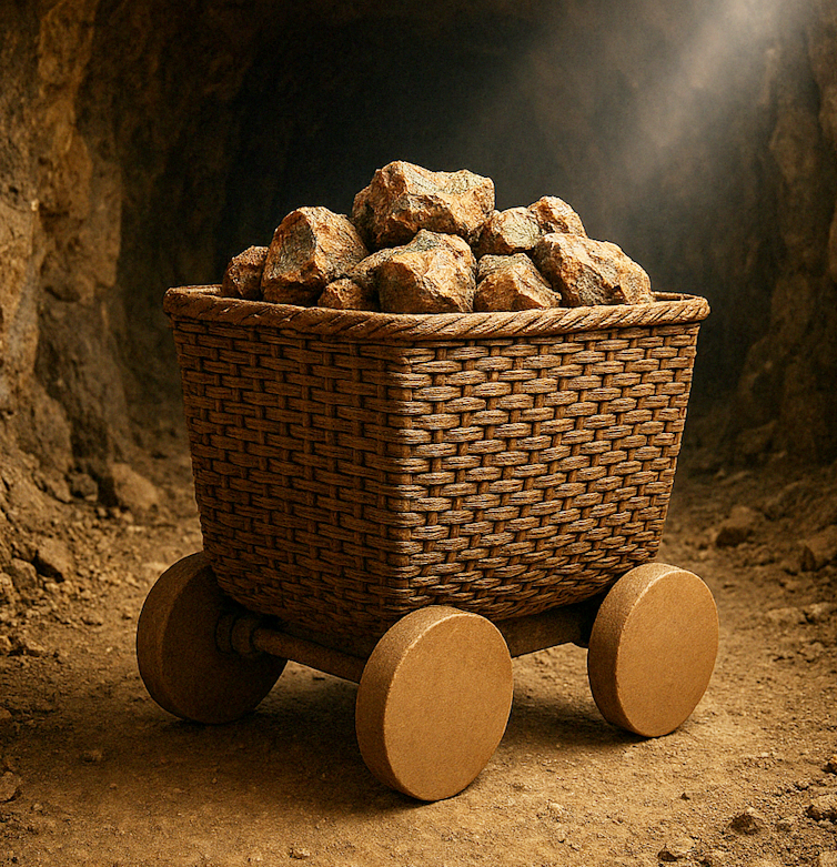 AI-generated image of a wheeled cart inside a mine tunnel.