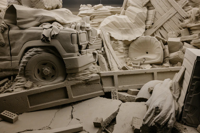 A sand sculpture featuring a ute and junk.