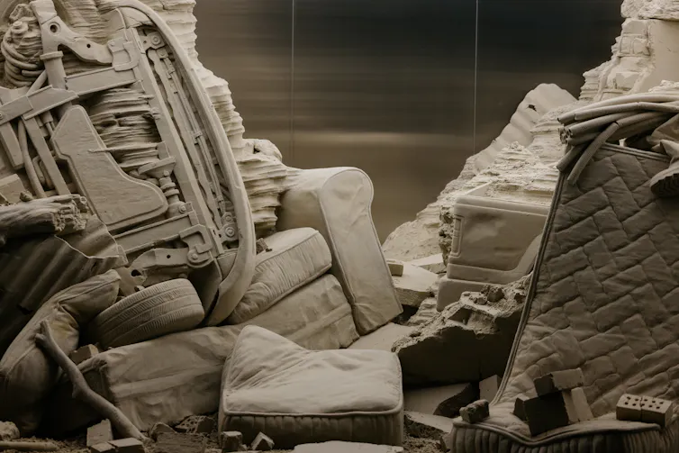 Close up: a couch, an upturned car.