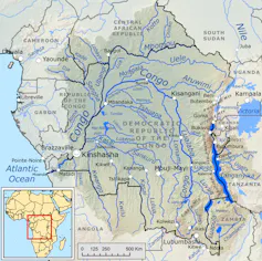 A map showing where the Congo River runs through and a darkened area showing the Congo Basin.