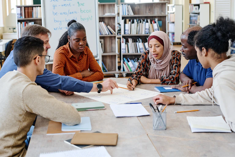 Diverse group of adults in English language class