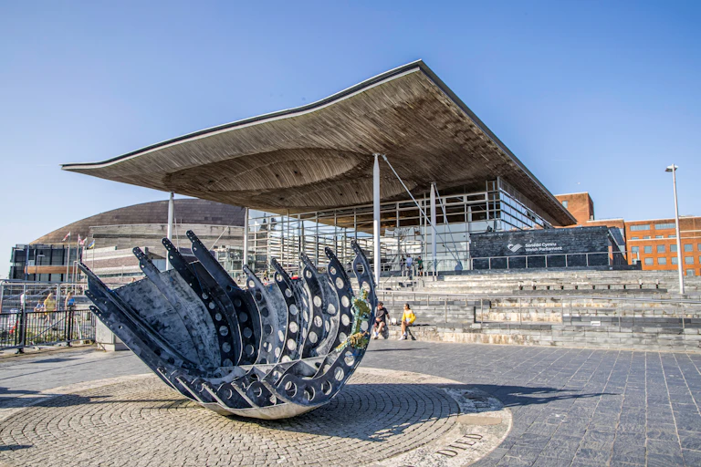 An exterior view of the Senedd in Cardiff Bay.