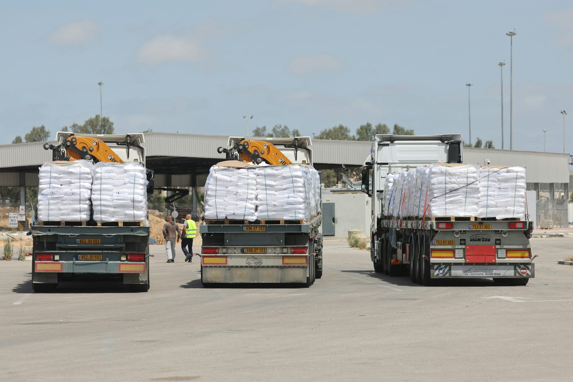 Three aid trucks near the Gaza border.