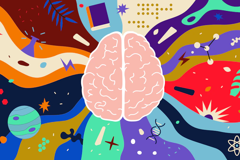 Brain creative concept with icons of Earth, book and scientific symbols