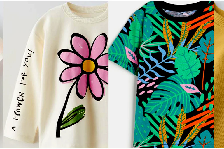 Camisetas de niñas y niños con estampados botánicos.