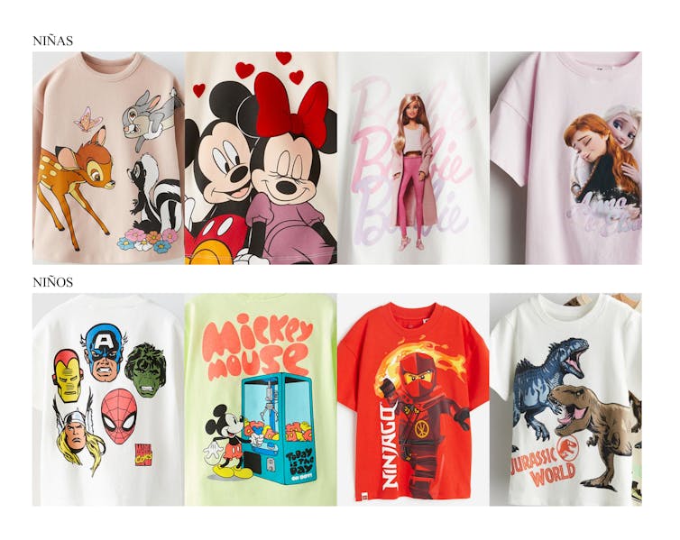 Camisetas de niñas y niños con estampados de personajes de ficción.