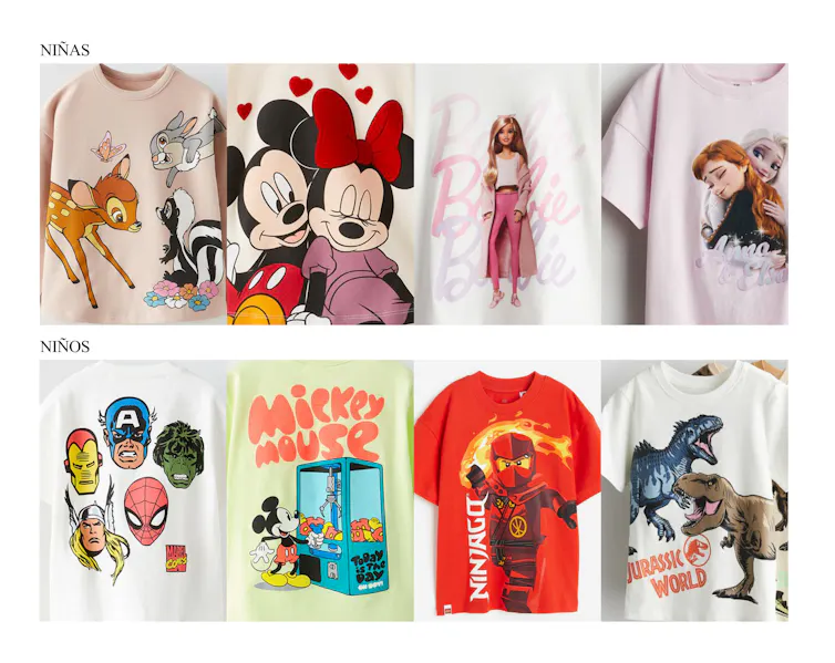 Camisetas de niñas y niños con estampados de personajes de ficción.