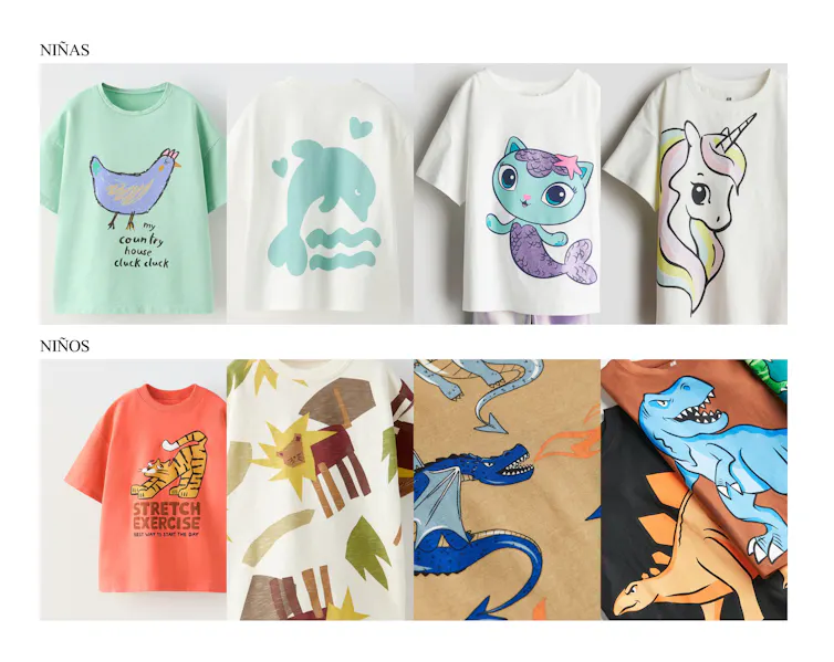 Camisetas de niñas y niños con estampados de animales.
