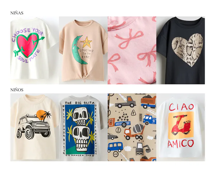 Camisetas de niñas y niños con estampados de formas e iconos variados.