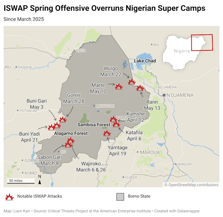 A map showing the locations of Iswap attacks in north-eastern Nigeria.