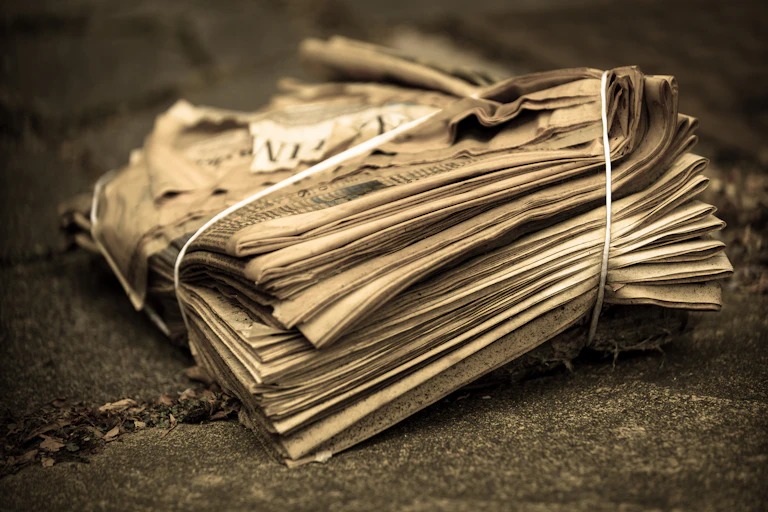 A tied-up stack of yellowing newspapers.