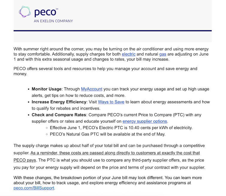 Screenshot of email from PECO explaining upcoming price increase