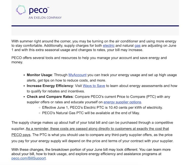 Screenshot of email from PECO explaining upcoming price increase