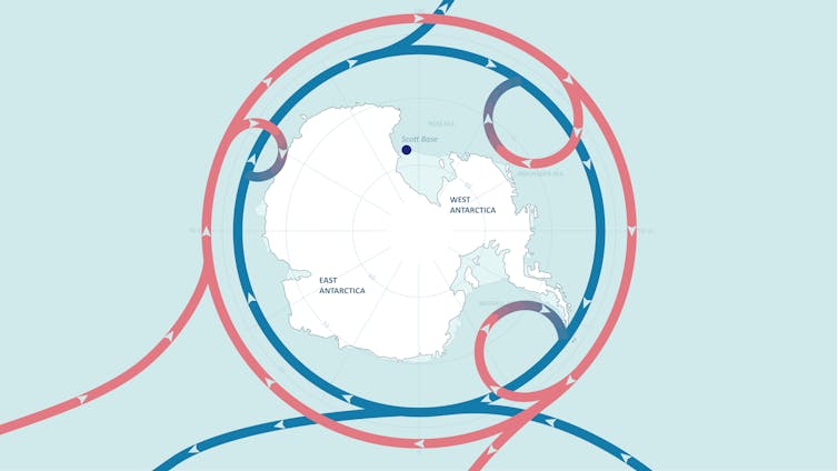 A stylised map showing the currents that transport cold Antarctic Bottom Water out to the rest of the world.
