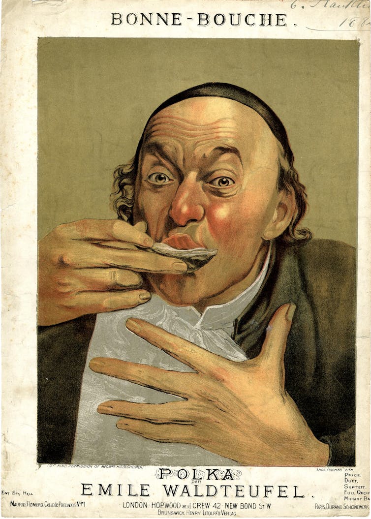 bust of a man eating oyster, placing the shell in front of his mouth with one hand, the other hand on bib on chest.