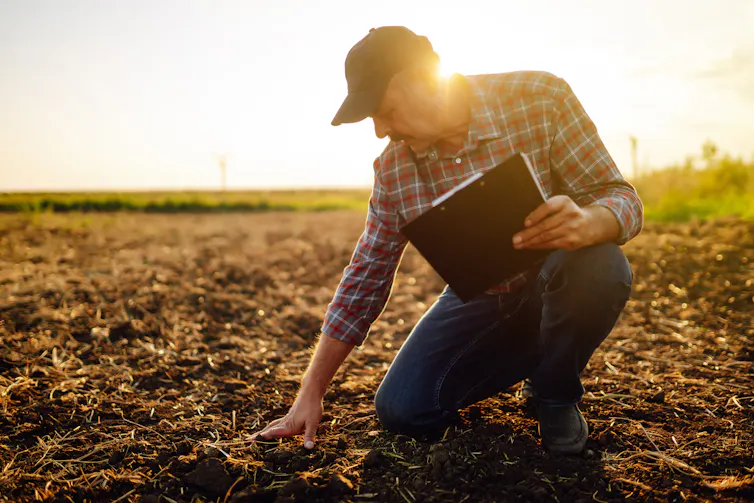 Man in farm field touching the soil and holding a clipboard.