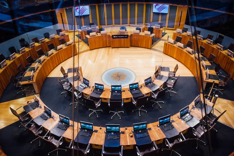 An aerial view of the inside of the Senedd chamber
