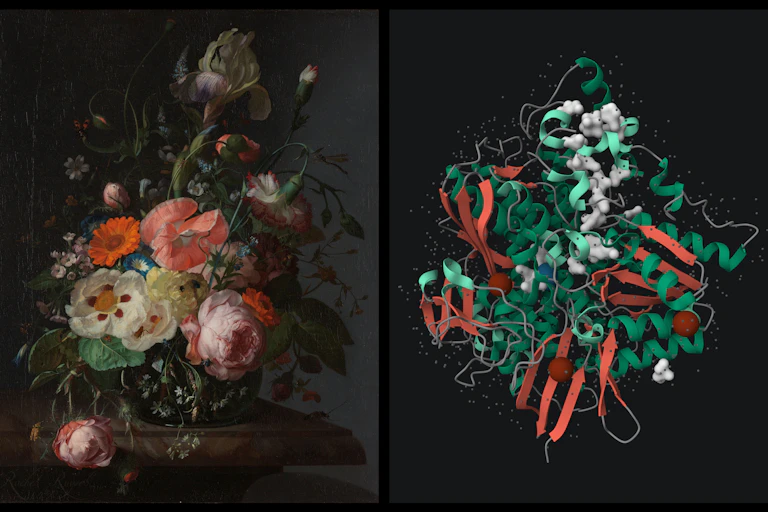 Painting of flowers next to an abstract model showing colour in lines and shapes that echo the shape of the flowers.