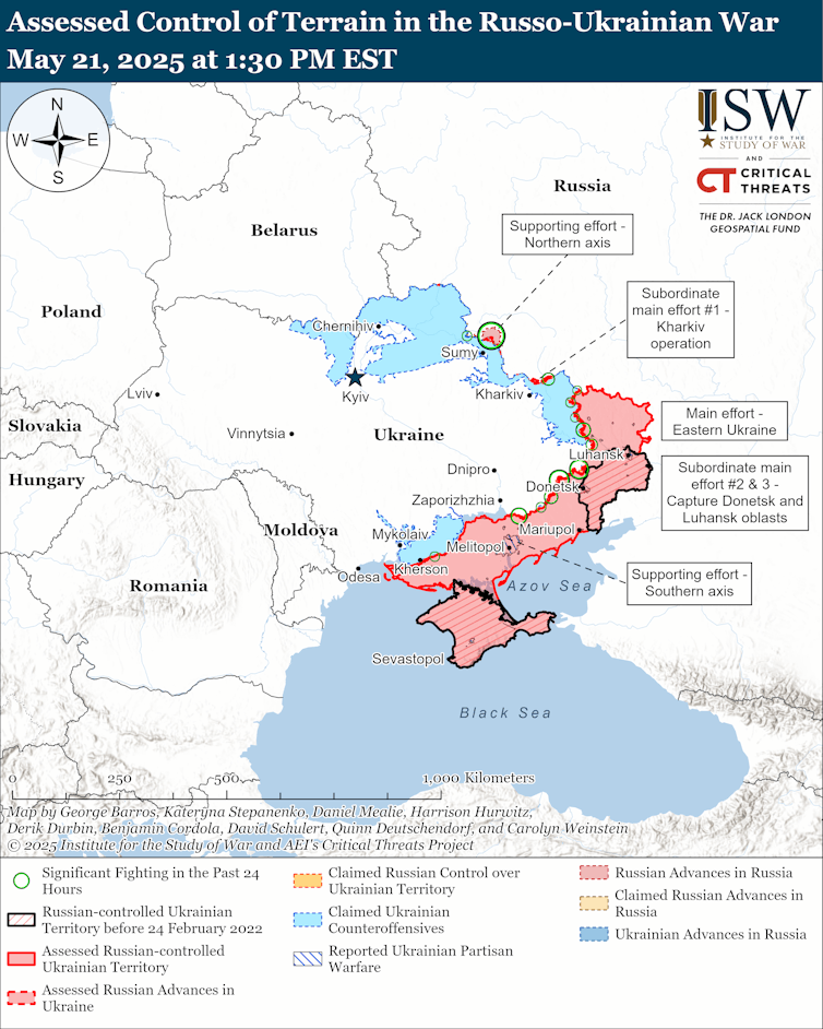 ISW map showing the state of the conflict in Ukraine, May 21, 2025.