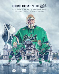 ¿Noche de hockey en Belfast? Cómo el deporte de Canadá podría unir las largas partes sectarias 1 El póster promocional muestra a un portero en una camiseta verde que dice irlandés y dos jugadores en el hielo frente a él.
