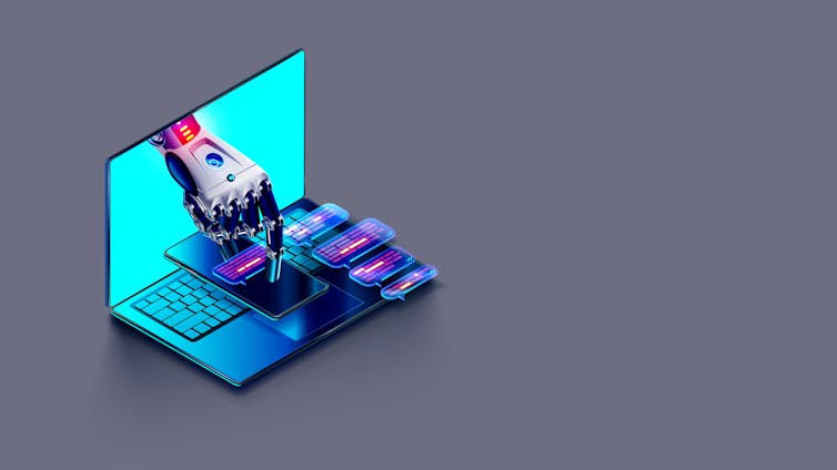 a robotic hand emerges from a laptop screen