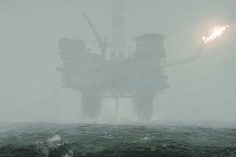 A North Sea oil rig looking ghostly in the mist.