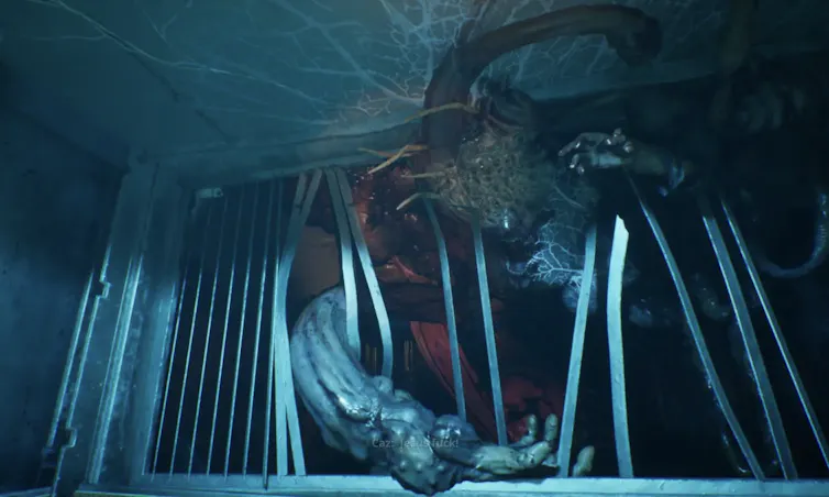 A horribly mutated human infected by an alien substance in a computer game.