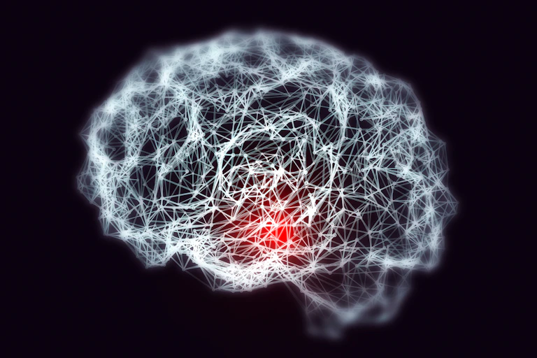An illustration of a brain on a black background.