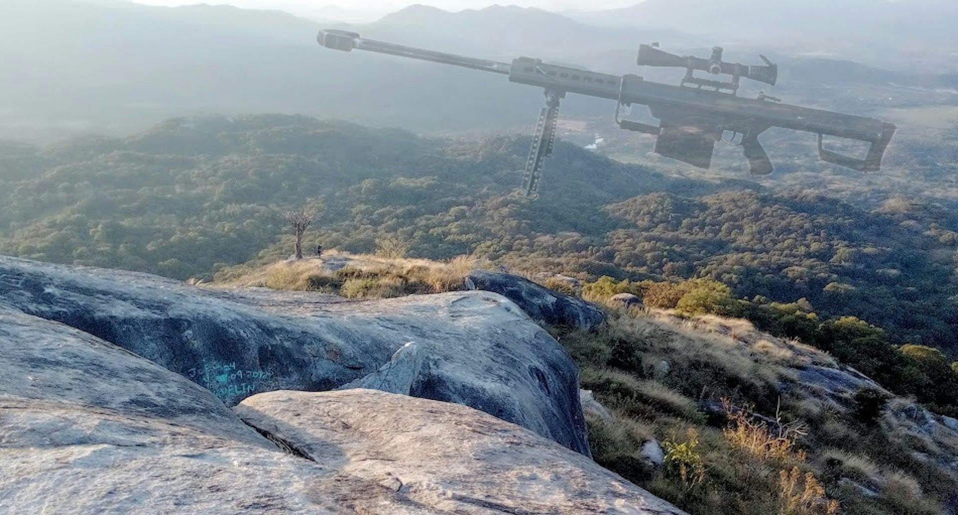 A rocky path near a grassy field with an image of a gun superimposed over it.