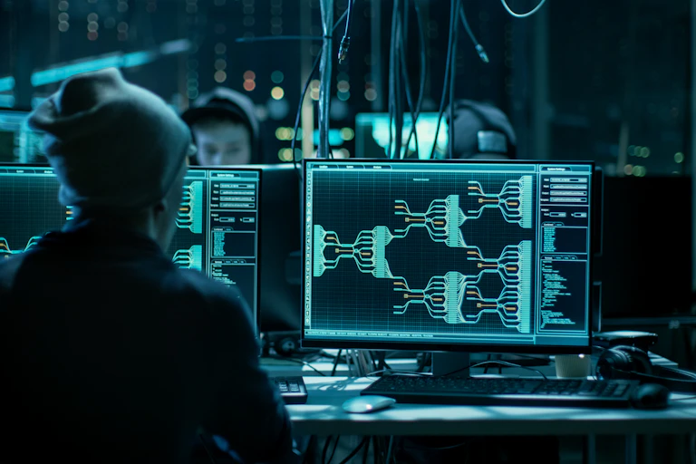 Hackers en una estancia oscura con pantallas de ordenador