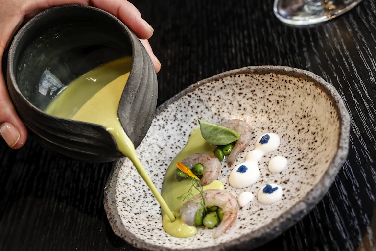 Hand shown pouring green sauce onto fancy plate of fine dining food