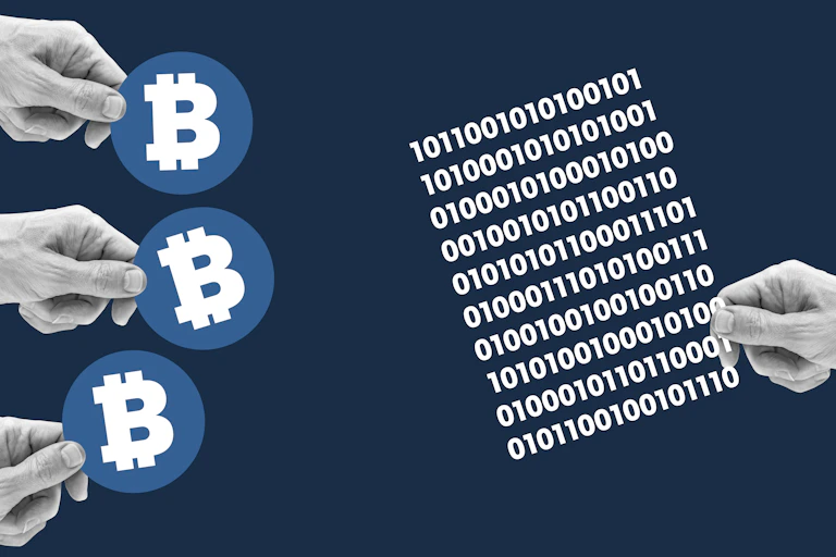 Three hands on the left side offer bitcoin graphics, while on the right, one hand holds out an array of zeroes and ones.