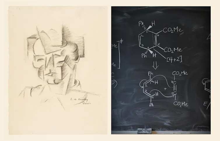 Left: sketch of a head in geometric, cubist forms. Right: Scientific diagram on a chalkboard, with a hexagon shape at the top with lines coming out of it.