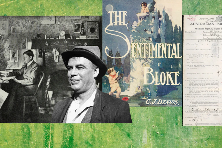 A collage featuring a writer at his desk, an actor playing the bloke, a book cover and a military service record.