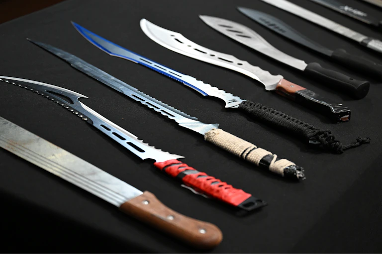 Various machetes are displayed at Victoria Police Headquarters in Melbourne.