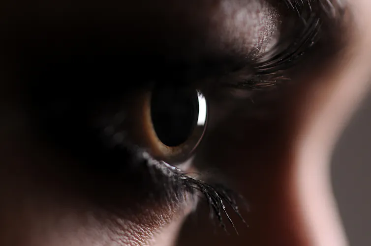 A woman with brown eyes looks ahead in dim light and her pupils are large.