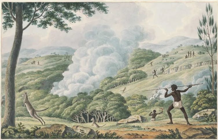A painting of an Aboriginal man hunting a kangaroo as fires burn.