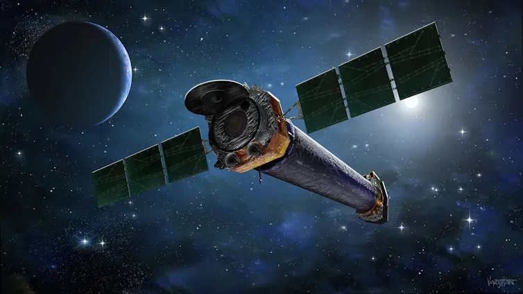 Artwork of a tube-shaped telescope in space with large solar panel arrays on one end.