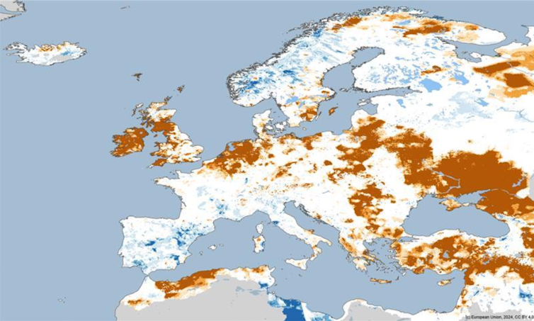 Mapa que muestra una mayor humedad del suelo en el sur que en el norte de Europa