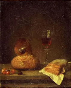Pintura con un brioche, una copa de vino, una hogaza de pan y unas cerezas.